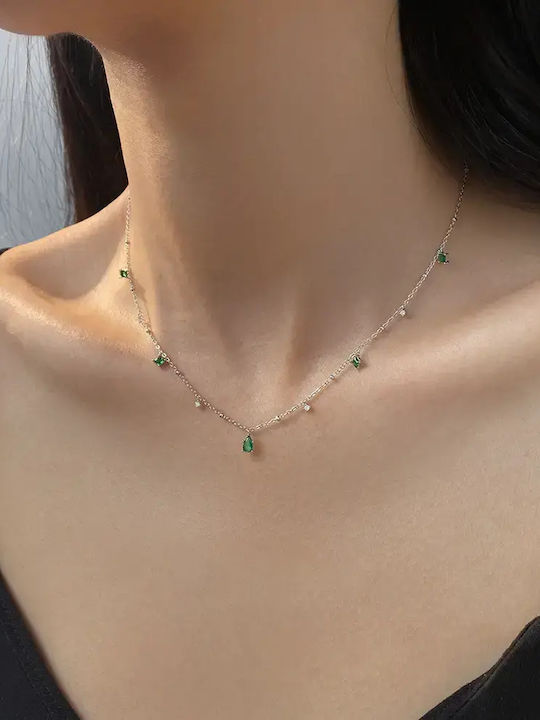 By Queen Ασημένιο Κολιέ 925 Emerald Drops Mε Πράσινα Ζιργκόν