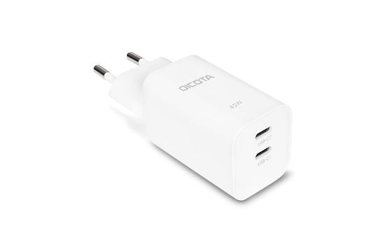 Dicota Зарядно устройство без кабел GaN с 2 USB-C порта 45 W Power Delivery, бяло (D32182)