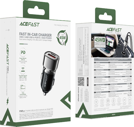 Acefast Car Charger with Ports: 1xUSB-A 1xType-C Black