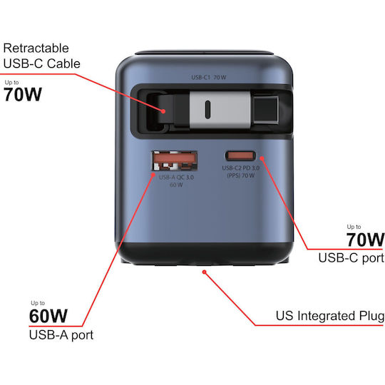 Verbatim GaN-Ladegerät mit USB-A- und USB-C-Anschluss und USB-C-Kabel 70 W Power Delivery / Quick Charge 3.0 Grau (32059)