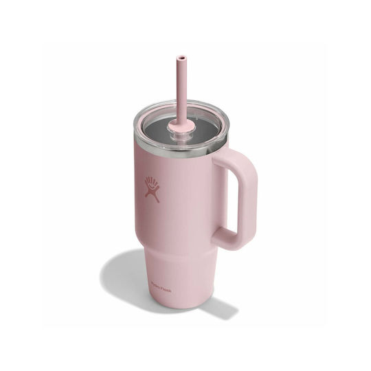 Hydro Flask Handled Tumbler Thermos Bottle Stainless Steel 946ml Pink with Straw and Handle