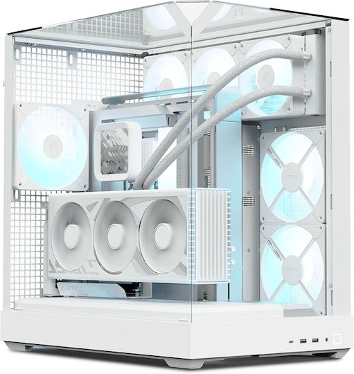 V2-F Gaming Middle Tower Carcasă PC cu Panou Lateral și Iluminare RGB Alb