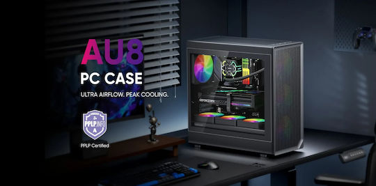 1STPLAYER AU8 Gaming Midi Tower Computer Case with Side Window and ARGB Lighting Black