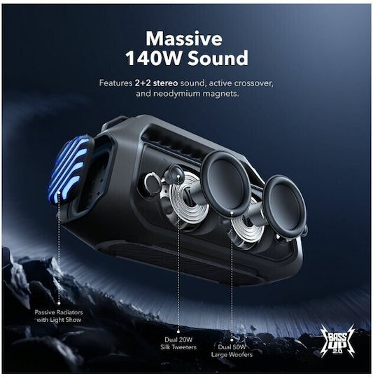 Anker Soundcore Boom 2 Plus Neue Version Wasserfestes Bluetooth Lautsprecher 140W mit Betriebszeiten bis zu 20 Stunden Schwarz