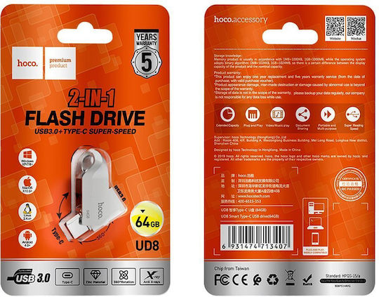 Hoco Pendrive 64GB USB 3.0 Stick Silver