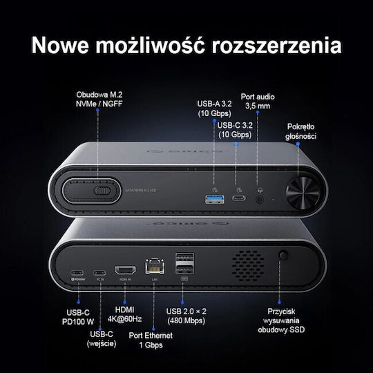 Orico PTM1 USB-C Докинг станция с HDMI 4K PD Ethernet Сребриста