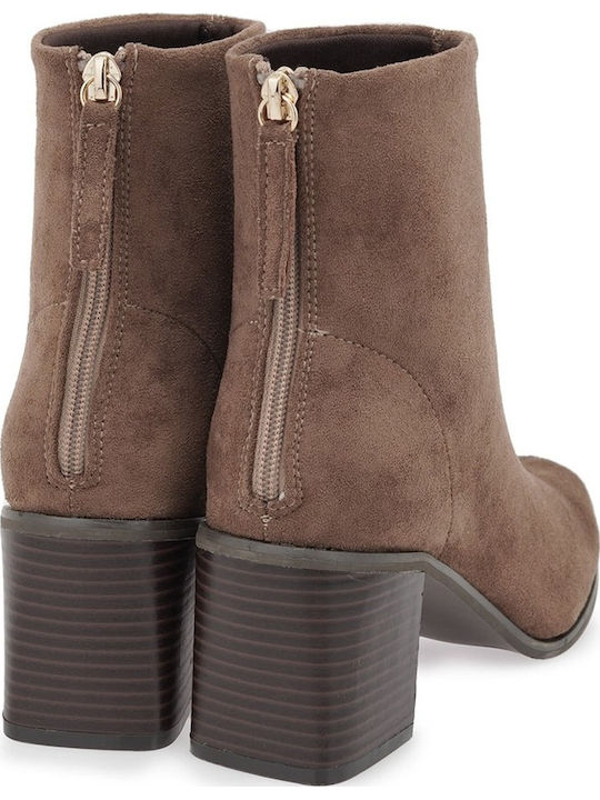 Suede Γυναικεία Μποτάκια με Μεσαίο Τακούνι Brown