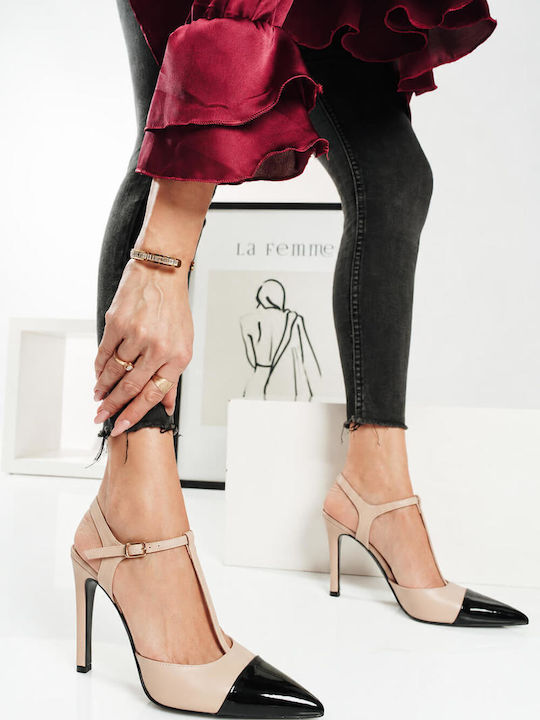 Nude Zweifarbige T-Strap Pumps Aus Lackleder Mit Spitze