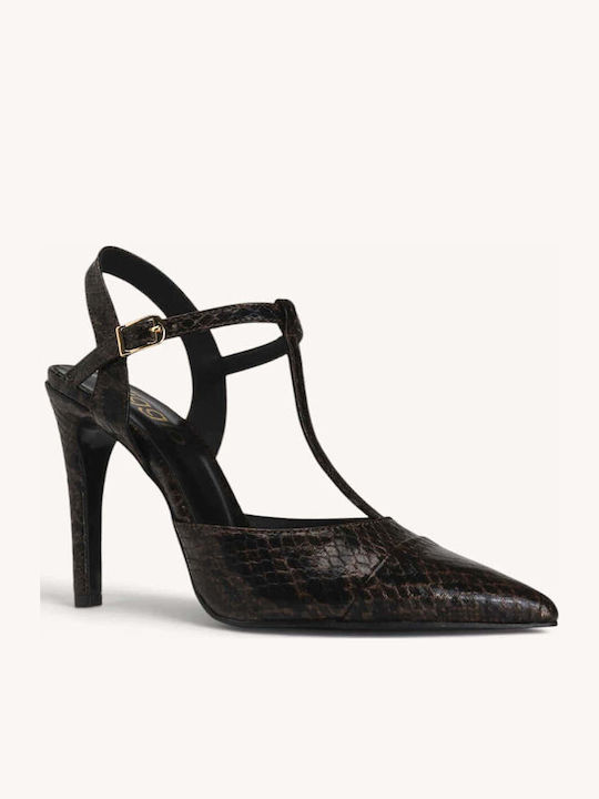 Braune Pumps mit Schlangenmuster, T-Riemchen und Dünnem Absatz