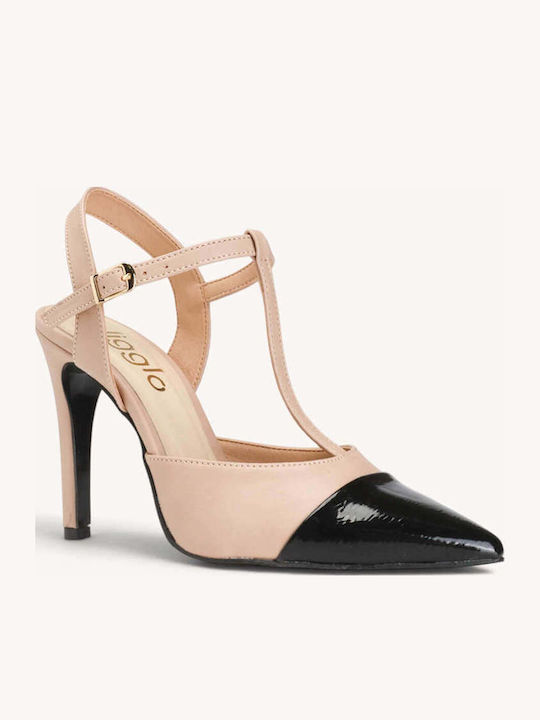 Nude Zweifarbige T-Strap Pumps Aus Lackleder Mit Spitze