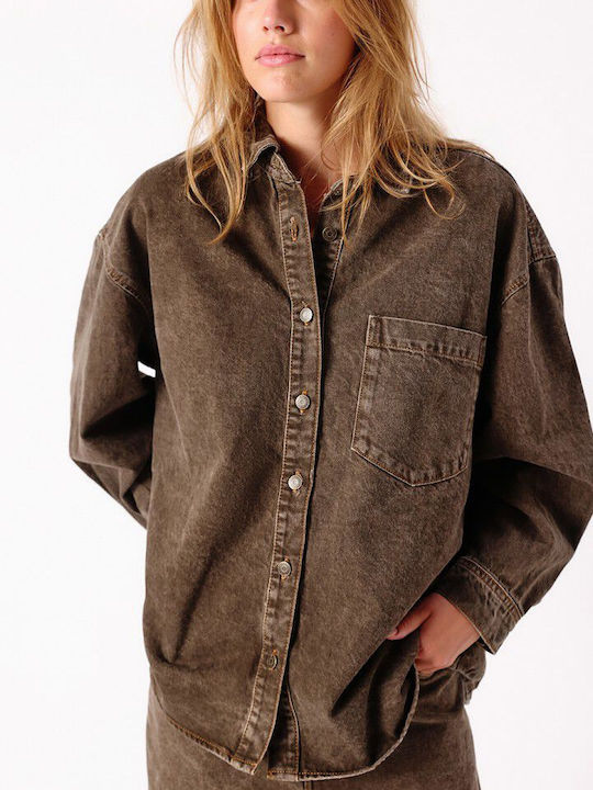 Long Sleeve Women's Denim Shirt Stone Brown
