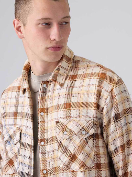 Western Long Sleeve Shirt in Wide-Fit Checked Whitecap Gray - Beige