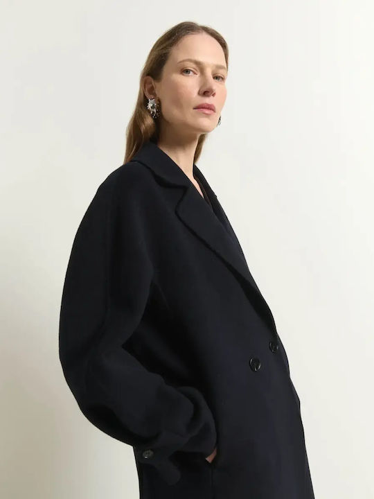 Wool Women's Coat Dark Blue with Buttons