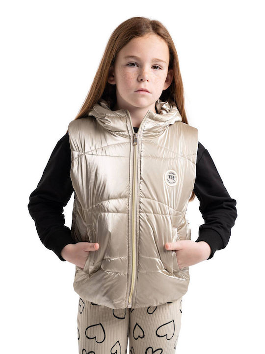 Kids’ Casual Sleeveless Short Hooded Beige Jacket