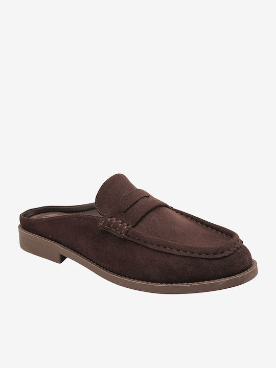 Suede Mules with Low Heel in Brown Colour