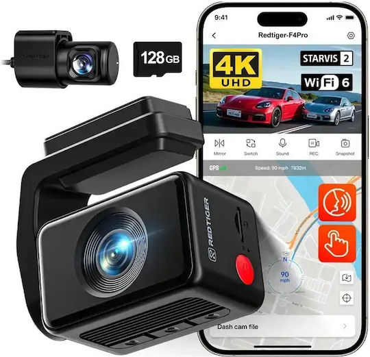 Redtiger F4 Pro Set mit Spiegel, 4K-DVR-Autokamera mit 2,2"-Bildschirm, WLAN, GPS & Rückfahrkamera