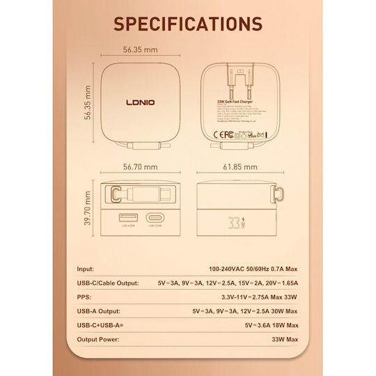 Ldnio Φορτιστής GaN με Θύρα USB-A και Θύρα USB-C και Καλώδιο USB-C 33W Power Delivery / Quick Charge 3.0 Μπλε (Q9)