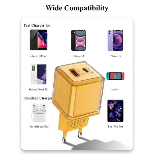 Leewello Зарядно Устройство Без Кабел с USB-A Порт и USB-C Порт 20W Power Delivery / Quick Charge 3.0 Жълто (783192-Yellow)