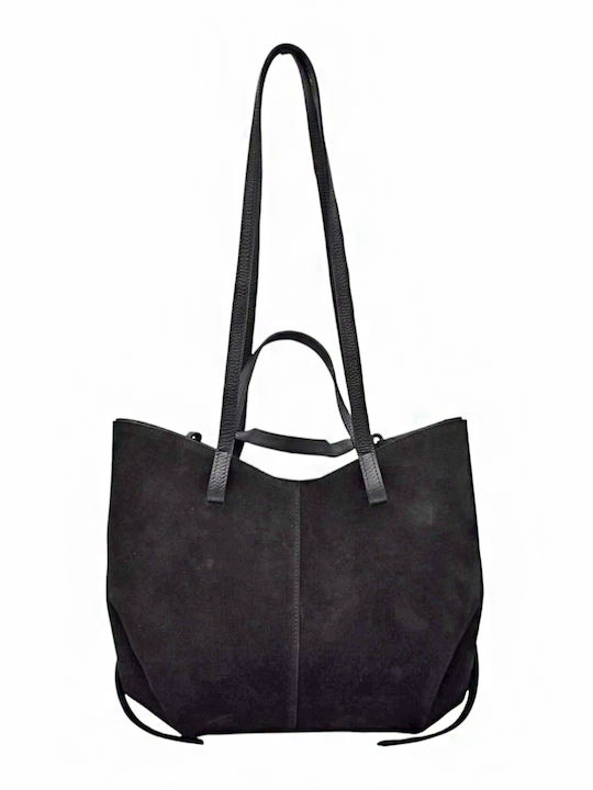 Set Geantă de Mână / de Umăr din Piele pentru Femei, Suede, Neagră