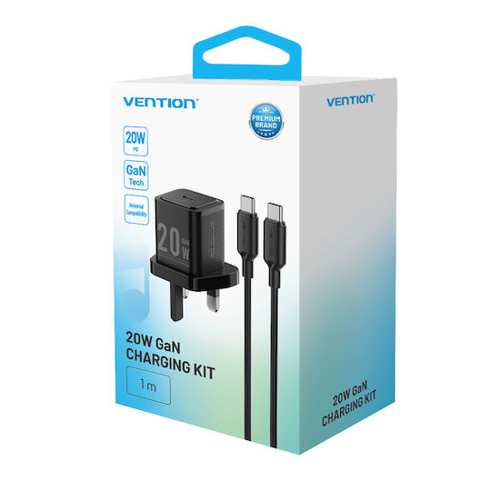 Vention GaN Charger with USB-C Port and USB-C - USB-C Cable 20W Black (FEPB0-UK-01)