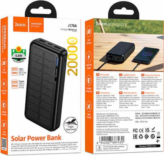 Hoco J176A Baterie Externă Solară 20000mAh 10W cu 2 Porturi USB-A și Port USB-C Neagră