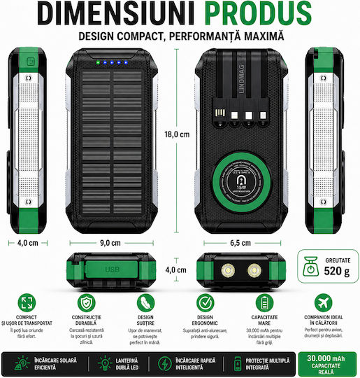 Linomag Solar Power Bank 30000mAh 22.5W with USB-A Port and 2 USB-C Power Delivery Ports Green