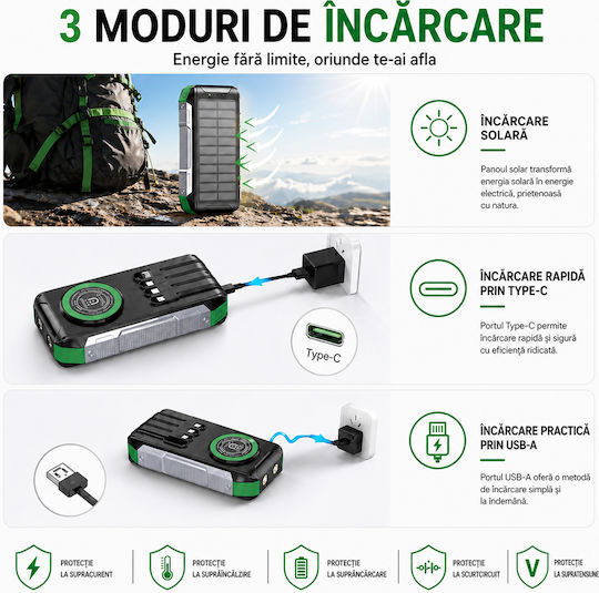 Linomag Solar Power Bank 30000mAh 22.5W with USB-A Port and 2 USB-C Power Delivery Ports Green