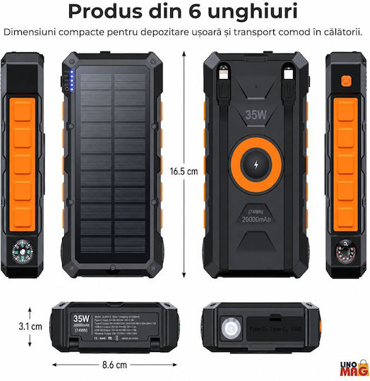 Linomag Ηλιακό Power Bank 20000mAh 35W με Θύρα USB-A και 2 Θύρες USB-C