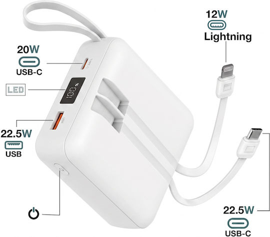 Akashi Baterie Externă 10000mAh 22W cu Port USB-A și Port USB-C Alb