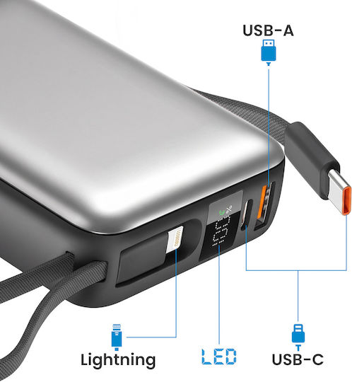 Akashi Multi-Charge Powerbank 20000 mAh 22,5 W mit USB-A- und USB-C-Anschluss in Grau