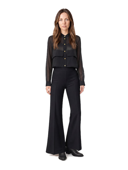 Damen Stoffhose mit Hohem Bund und Ausgestelltem Bein Schwarz