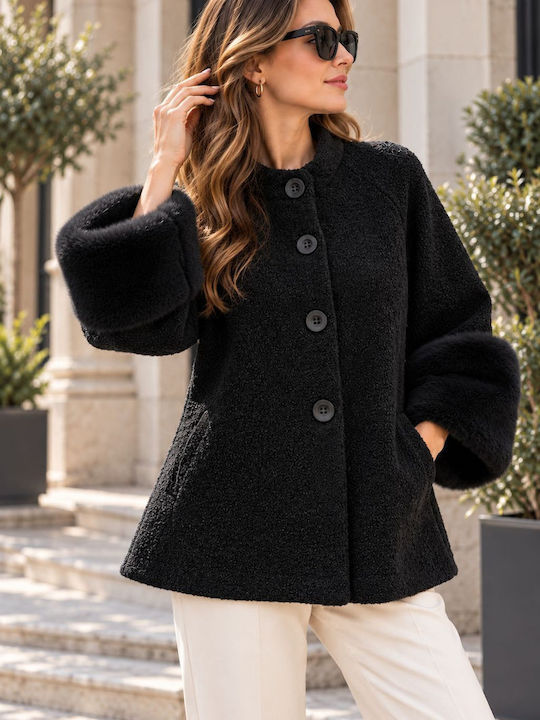 Damen-Oversize-Halbmantel in Schwarz mit Pelzdetails