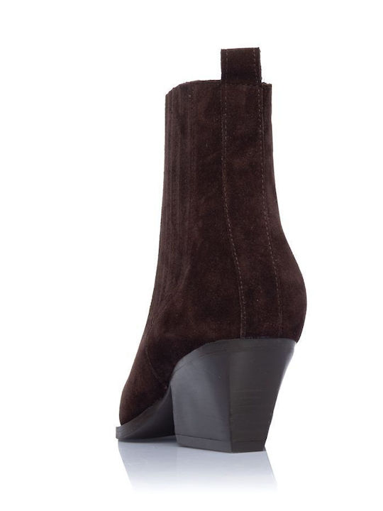 Leather Women's Cowboy Ankle Boots with Medium Heel Brown