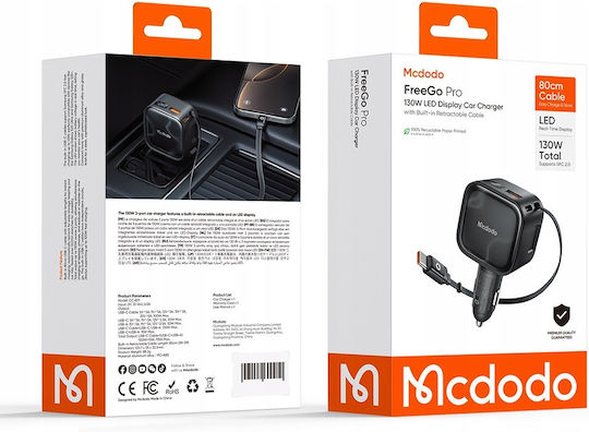 Mcdodo 130-W-Autoladegerät mit Anschlüssen: 1 × USB-A, 1 × Typ-C, inklusive Typ-C-Kabel, Schwarz