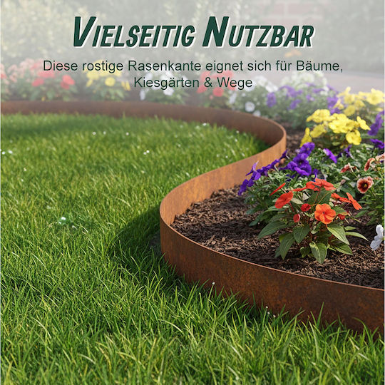 Bordură de Grădină Relaxdays 10051892_1431 din Oțel cu Finisaj Ruginiu, Înaltă de 15 Cm, Grosime de 0,3 Mm, Lungime de 5 M/10 M, Maro Ruginiu