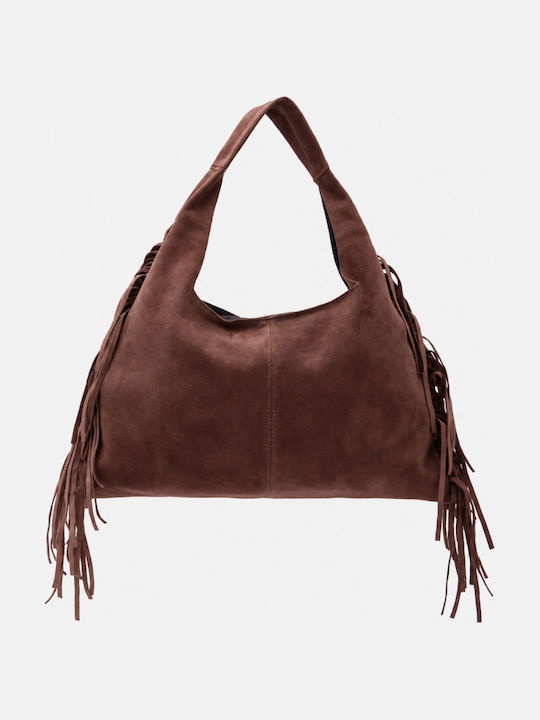 Dark Brown Fabric Women's Shoulder Bag in Suede with Fringes