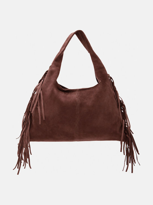 Dark Brown Fabric Women's Shoulder Bag in Suede with Fringes