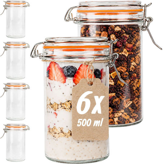 Relaxdays Set de 6 Borcane din Sticlă cu Capac, pentru Utilizare Generală, Portocalii, 500 ml, 6 Bucăți, ,