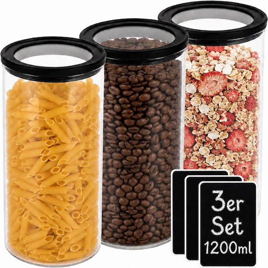 Relaxdays Set de 3 Borcane cu Utilizare Generală, cu Capac, din Sticlă Neagră, 1200 ml, 3 Bucăți,