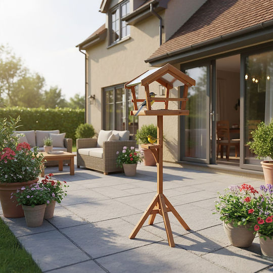 Hrănitoare pentru Păsări Relaxdays 10052238_57 cu Suport din Lemn de Brad, Acoperiș din Metal Rezistent la Intemperii, Culoare Naturală, 121 X 36 X 30 Cm
