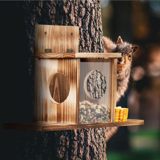 Hrănitoare pentru Veverițe Relaxdays 10047753 din Lemn de Brad, cu 2 Deschideri, Fereastră din Plastic și Acoperiș Rabatabil, Natur, 24 x 35 x 13 cm