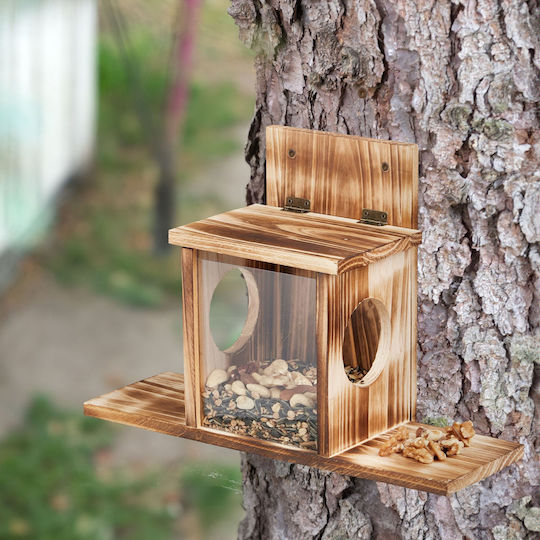 Hrănitoare pentru Veverițe Relaxdays 10047753 din Lemn de Brad, cu 2 Deschideri, Fereastră din Plastic și Acoperiș Rabatabil, Natur, 24 x 35 x 13 cm