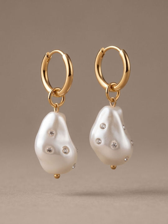 Gold White Pearl Earrings Stainless Steel 40-14