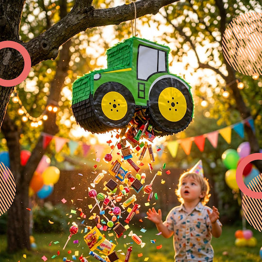 Relaxdays Tractor Piñata Set Yellow Green Black Mask Stick