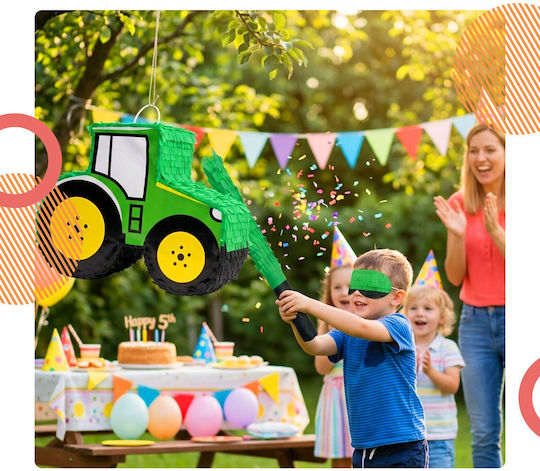 Relaxdays Tractor Piñata Set Yellow Green Black Mask Stick