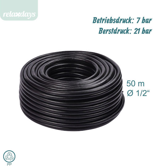 Furtun de grădină Relaxdays 10052148_1480 Compatibil cu Conectori de 1/2", Multistrat din PP, Presiune de Lucru 7 Bari, Presiune de Rupere 21 Bari, Rezistent la UV, De la 5°C la 60°C, Negru, Lungimi 20, 30, 50, 70, 100 m
