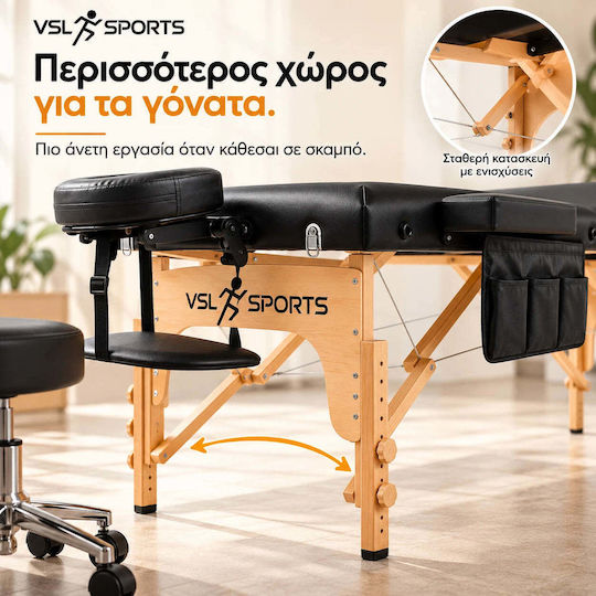 VSL Sports FlexiRest Pat de Fizioterapie Portabil/Pliabil Negru din Lemn 185x70cm