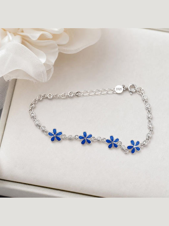 Brățară Pentru Femei Și Copii Din Argint 925 Jolie Cu Model De Floare Din Argint, Email Albastru, Pietre De Zircon, Lungime 21 Cm, 4,6 G, Culoare Argintie