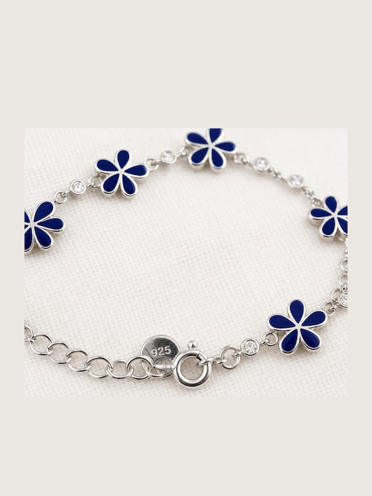 Brățară Pentru Copii Din Argint 925 Jolie Cu Model Cu Floare Din Argint, Email Albastru Marin, Pietre De Zircon, Lungime 21 Cm, 4,6 G, Argint