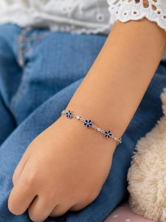 Brățară Pentru Copii Din Argint 925 Jolie Cu Model Cu Floare Din Argint, Email Albastru Marin, Pietre De Zircon, Lungime 21 Cm, 4,6 G, Argint